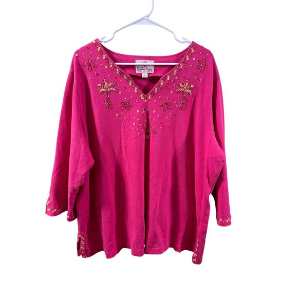 Quacker Factory Pink Flamingo Sequin Top 2X Palm Tree Tropical - Picture 1 of 11